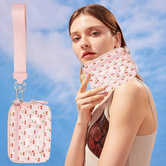 Small Wallet Cherry Print, Wristlet Wallets for Women Detachable Dual Pouch Keychain Wristlet Wallet,Portable Waterproof Wristlet Pouch With Clear Card Slot Cute Coin Purse