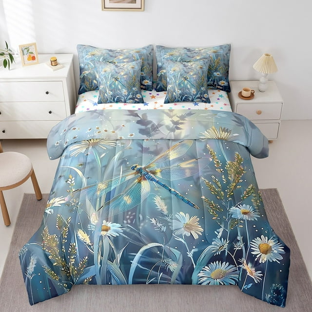 Erosebridal Literie Libellule de Rêve Grand Lit, Accessoires de Literie Marguerites Printanières, Super Douillet 7 Pcs