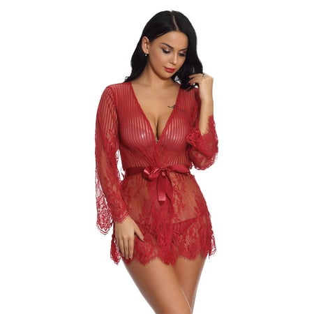 

Miayilima Women Lace Lingerie Deep V Teddy Sleepwear With Panty