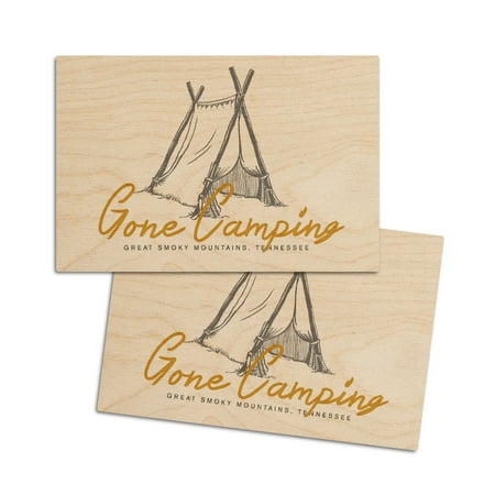

Great Smoky Mountains Tennessee Gone Camping Tent (4x6 Birch Wood Postcards 2-Pack Stationary Rustic Home Wall Decor)