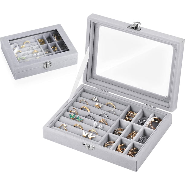 Joyeros con tapas de cristal, Lecone 9 rejillas Almacenamiento de joyas Joyero Mujer joyero de viaje, flocado collar pendientes anillo joyero, caja de almacenamiento transparente para joyas, gris SHIRET Hogar