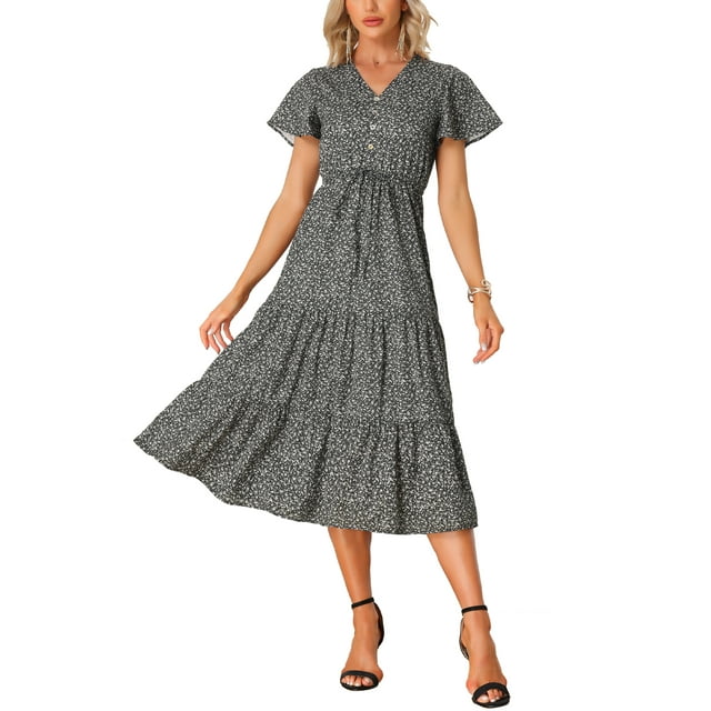 INSPIRE CHIC Robe Bohème d'Été pour Femme Décontractée à Manches Courtes, Col en V, à Volants, Midi à Fleurs, Noir, P