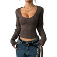 thumbnail image 2 of Women Deep V Neck Knitted Crop Sweater Top Casual Solid Slim Fit Long Sleeve Ribbed Pullover Jumper Tops Brown XS, 2 of 9