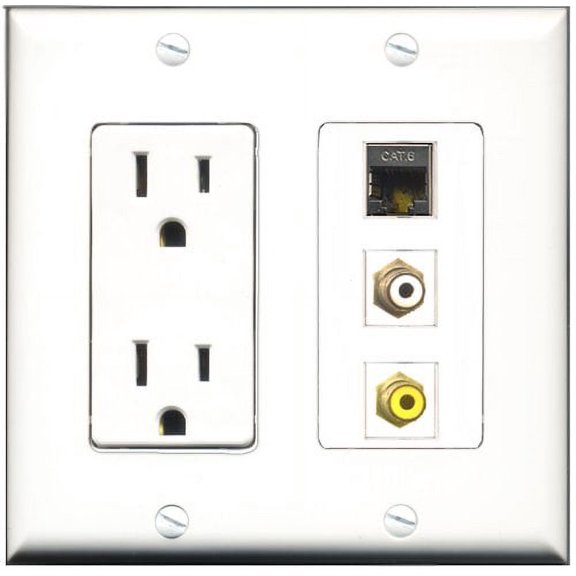 RiteAV - 15 Amp Power Outlet 1 Port RCA White 1 Port RCA Yellow 1 Port Shielded Cat6 Ethernet Ethernet Decorative Wall Plate