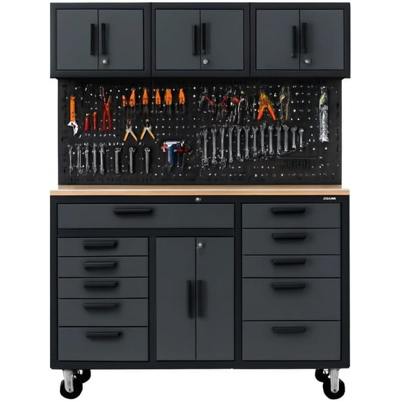 HPDMC 72in Rolling Tool Chest Cabinet Mobile Garage Workbench Heavy-Duty Tool Cabinet on Wheels with 11 Drawers, 2-Door Cabinet, 3 Top Cabinet, Pegboard & Power Strip for Tool Organization
