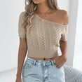 thumbnail image 2 of JGGSPWM Womens Crochet Hollow Off The Shoulder Knit Tops Short Sleeve Spring Summer Trendy Sweaters Khaki S, 2 of 8