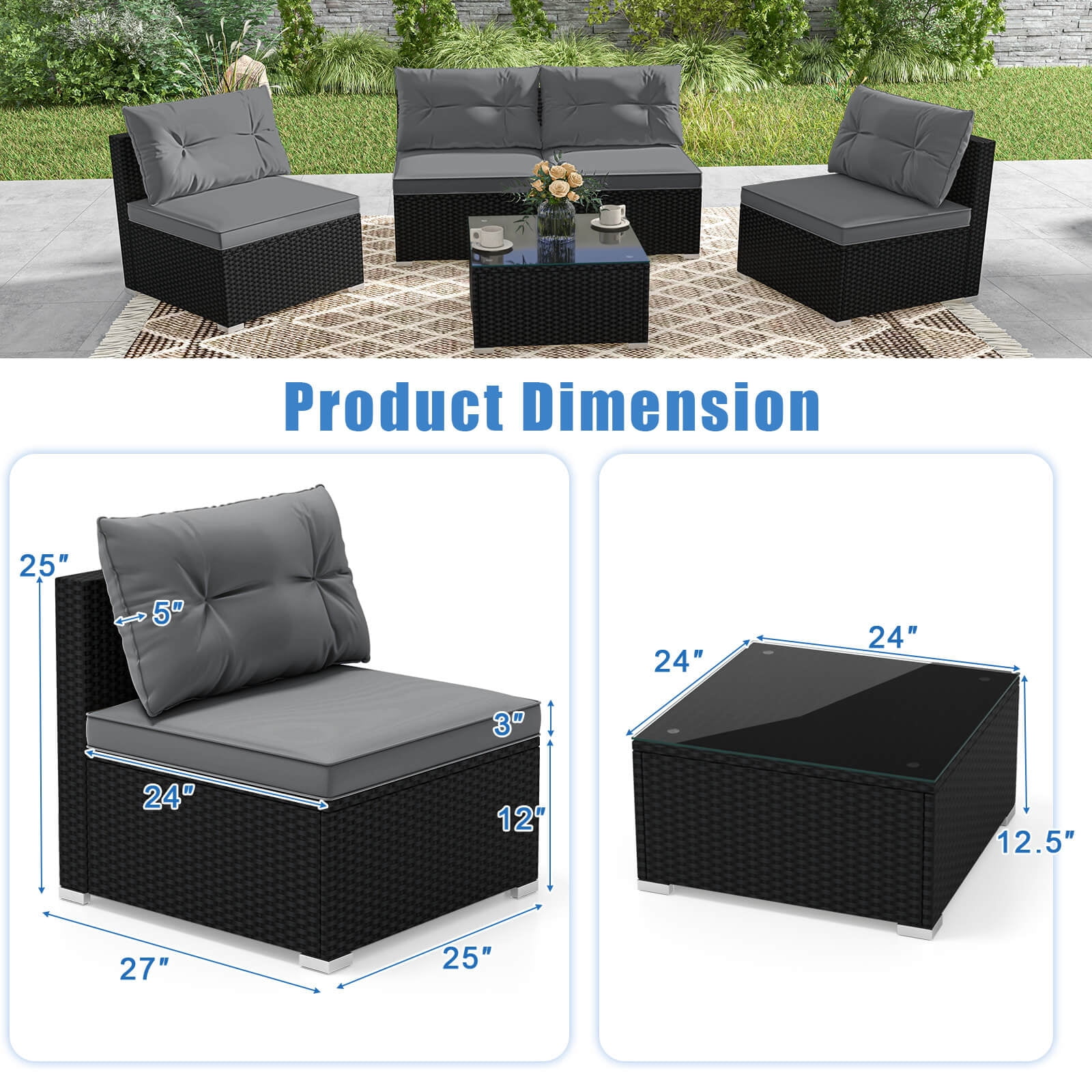Costway 5 Piece Outdoor Furniture Set with Seat & Back Cushions  Tempered Glass Tabletop Gray