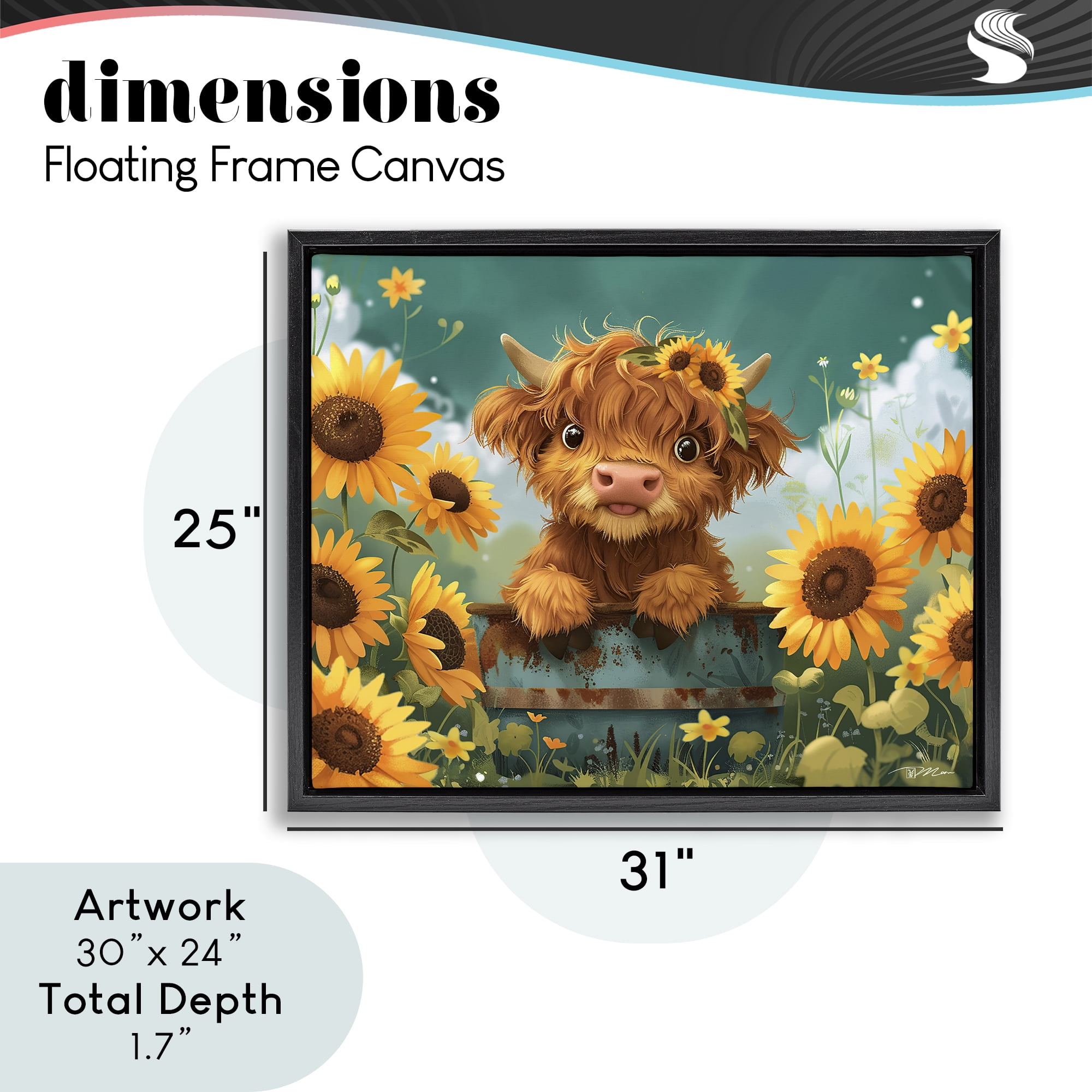 Cute Happy Highland Cow Black Framed Floater Canvas Wall Art, design by Momart