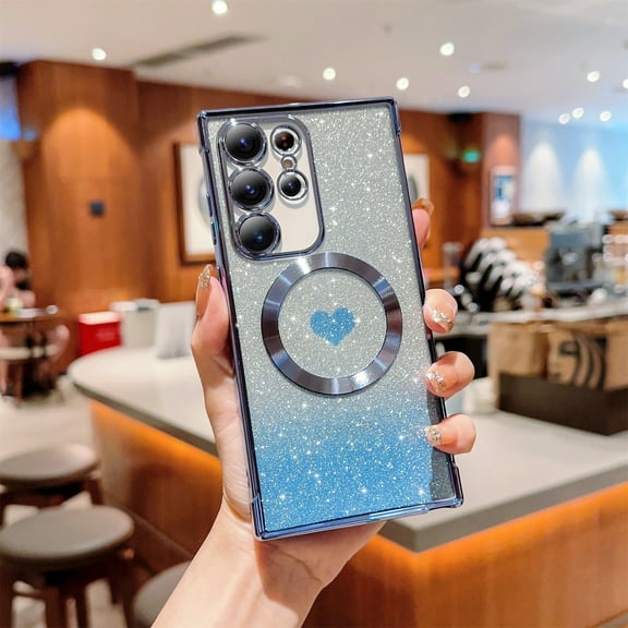Jiahe Cover for Samsung Galaxy S21 Ultra, Compatible with MagSafe Case,Slim Plating Bling Glitter Shockproof Gradient Lover Heart Pattern Transparent Case Full Camera Lens Protection Cover, blue