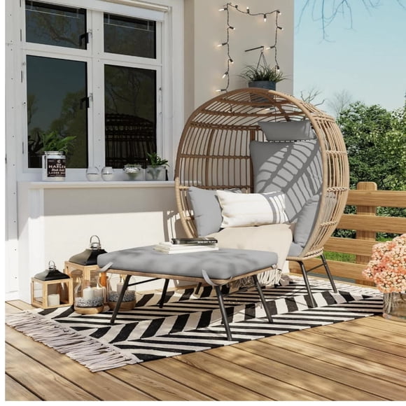 Bingirl Oversized Egg Chair with Footstool Rattan Lounge Chair with Thick Cushion for Patio Porch Garden Backyard
