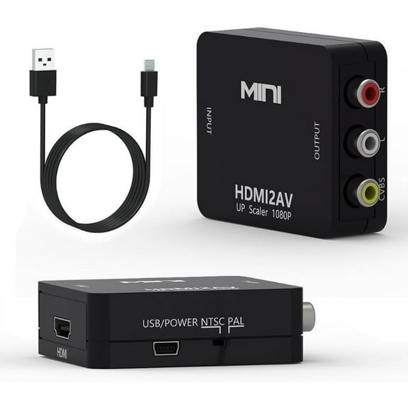 HD to AV converter, 1080P HD to 3RCA CVBS AV composite video and audio adapter converter, supports PAL/NTSC standards, comes with USB charging cable, suitable for PCs, laptops, HDTVs, DVDs.
