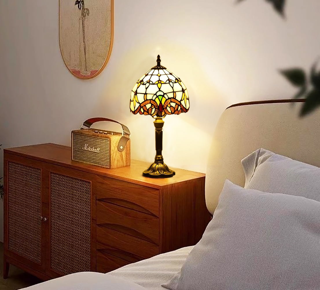 Orinova Tiffany-Style Table Lamp Stained Glass Bedside Lamp for Living Room Bedroom Traditional Desk Light 14.5'' H Multi-Color