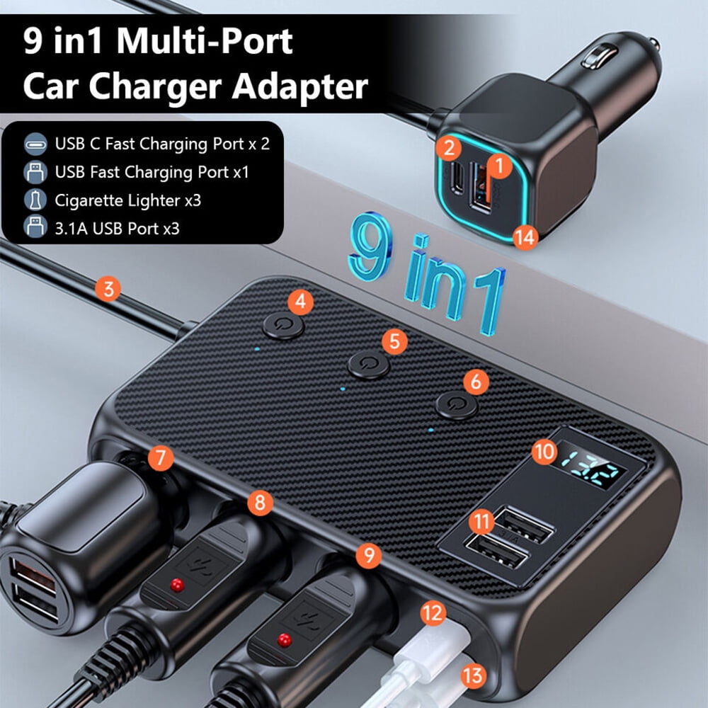 HOMEYA 3 Socket Car Cigarette Lighter Adapter, 171W PD & QC 3.0 Fast USB Car Charger 12V/24V 3-Socket Power Splitter DC Outlet with Individual Switches for All Car Devices