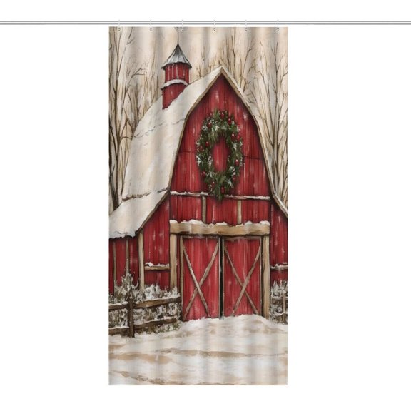 RKSupls Waterproof Shower Curtain, Red Barn Christmas Wreath Polyester Shower Curtain with Hooks for Chic Elegant Home Bathtub Bathroom Decor Washable