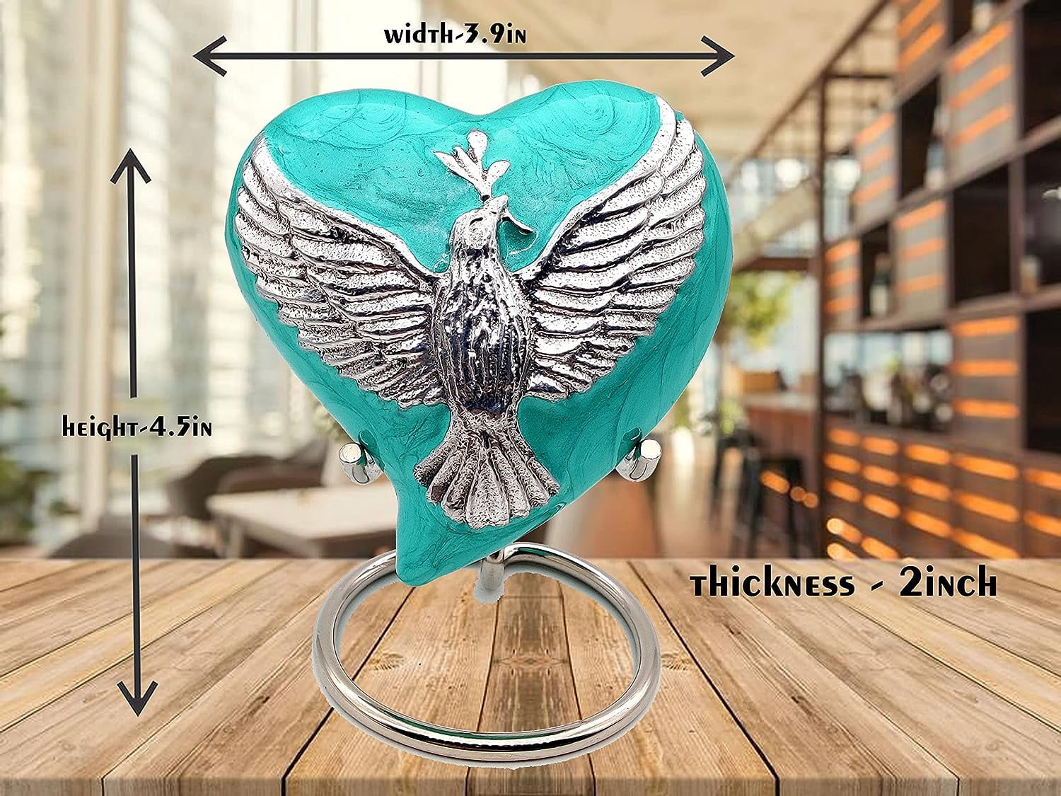 5MOONSUN5's Heart Sea Green Urn Keepsake Cremation Urn for Human pet Ashes with Bird engraved Urn Heart Shaped Perfect for Adults & Infants Honor Your Loved One. Comes with Brass Stand & Premium Box