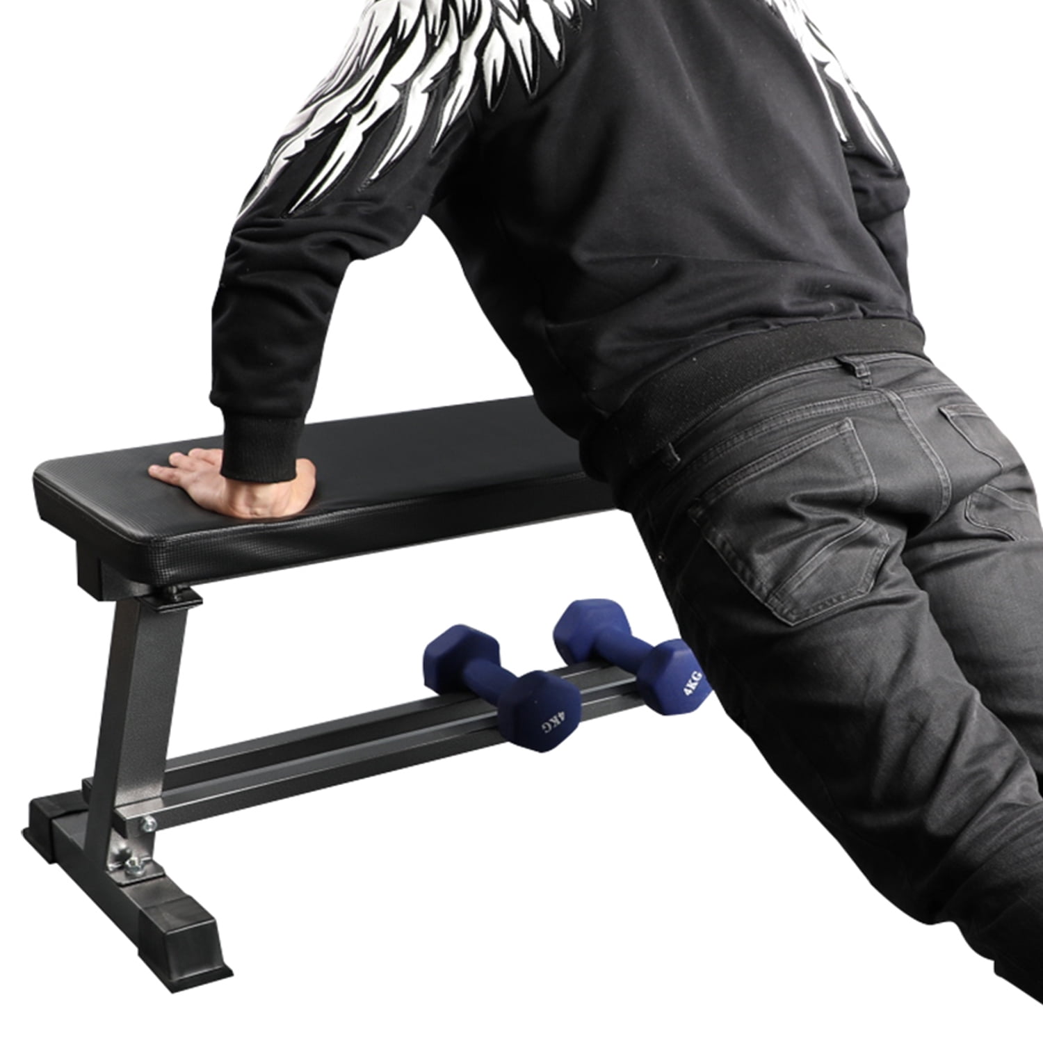 Flat Weight Bench with Built-in Dumbbell Rack Workout Bench Strength Training