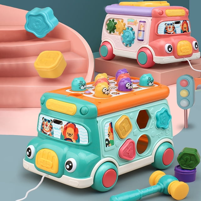 Sentmoon Jouet à Pousser Enfants Tape-Taupe Jeu d'Arcade Autobus Jouet à Taper Bilingue Anglais et Chinois Comprend 3 Piles AAA Jouet pour Garçons de 1 à 3 Ans