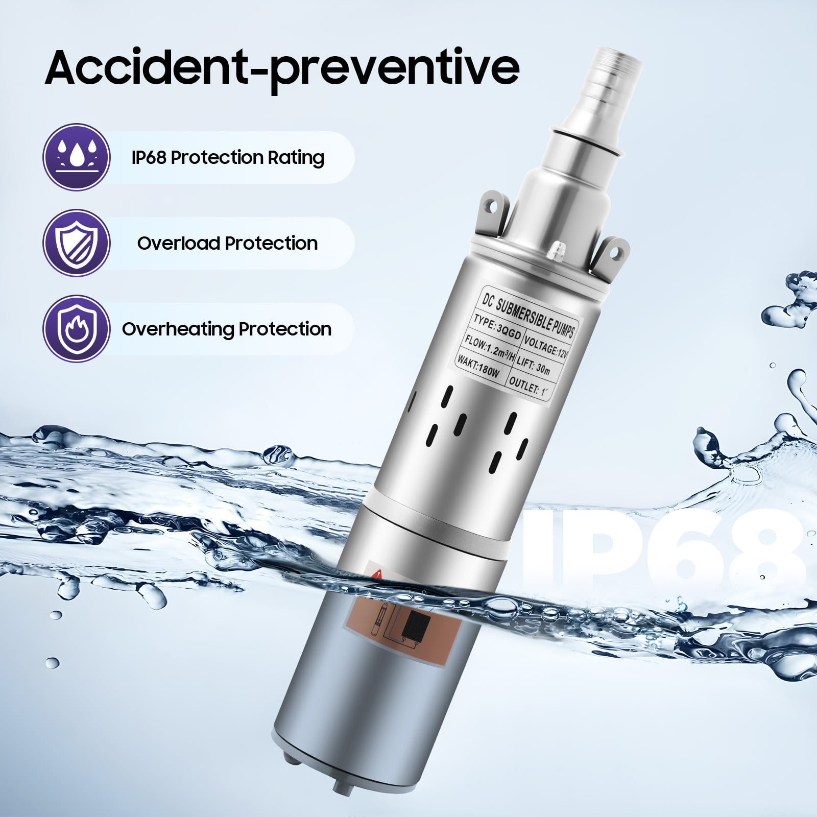 Miumaeov 180W 12V Water Pump Pure Copper Motor Deep Well Submersible Pump Stainless Steel 3000rpm