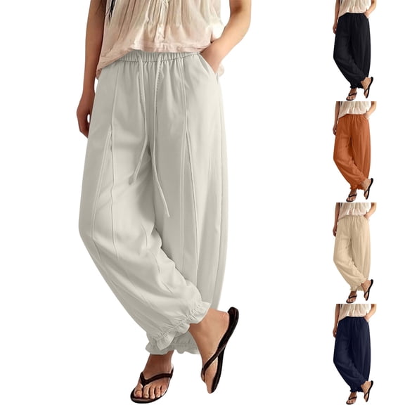 Only Moment Trendy Ruffle Flare Pant Legs Design Linen Pants Elastic Waist Pants Casual Loose Drawstring Summer Beach Travel Vacation Palazzo Harem Pants with Pockets White,L