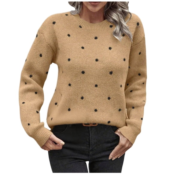 JGGSPWM Chandails à Pois pour Femmes Confort Léger Manches Longues Col Rond Tricot Tenues Automne Hiver Jaune G