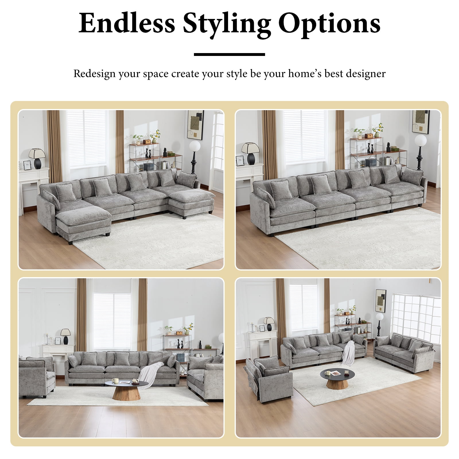111.5” Gray Modular Sofa, 3 Seater U Shaped Chenille Sectional for Living Room, Cloud Couch with Ottoman, Sofá moderno