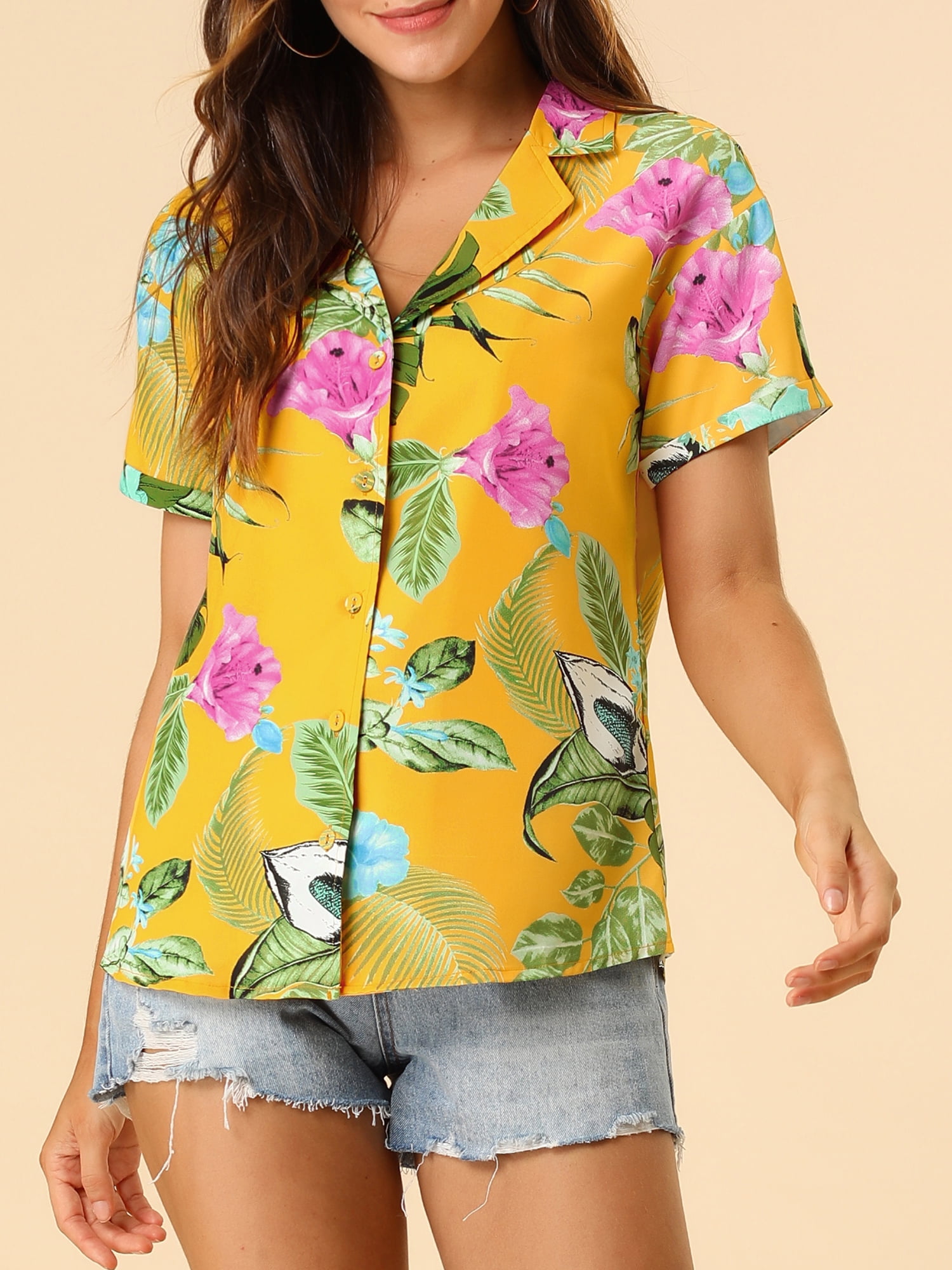 DARING DIVA Floral Leaves Print Short Sleeve Beach Top M Yellow