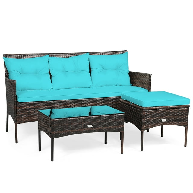 Patiojoy 3 PCS Patio Furniture Set Outdoor All Weather Wicker Conversation Set w/Cushioned Ottoman & Side Table Turquoise