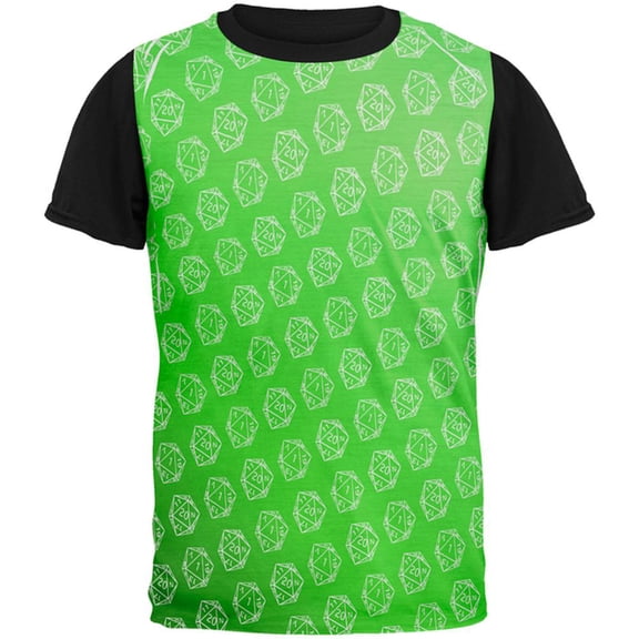 D20 Gamer Critical Hit and Fumble Green Pattern All Over Mens Black Back T Shirt Multi LG