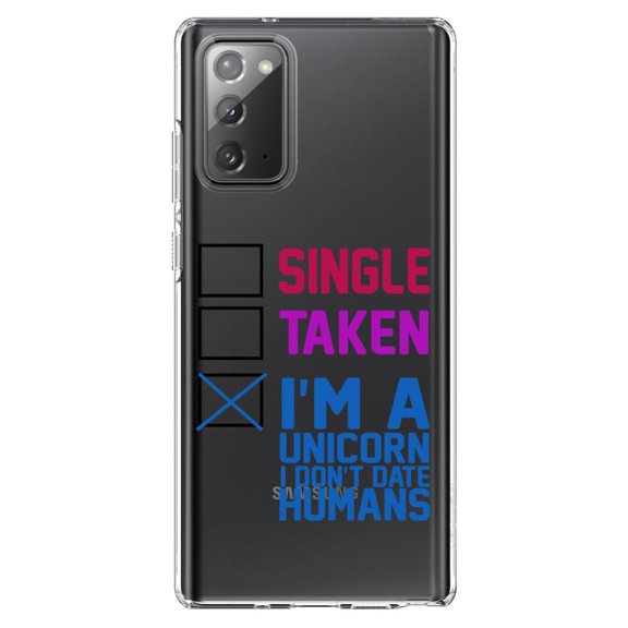 DistinctInk Clear Shockproof Hybrid Case for Samsung Galaxy Note 20 (6.7" Screen) - TPU Bumper Acrylic Back Tempered Glass Screen Protector - Single Taken I'm a Unicorn Don't Date Humans
