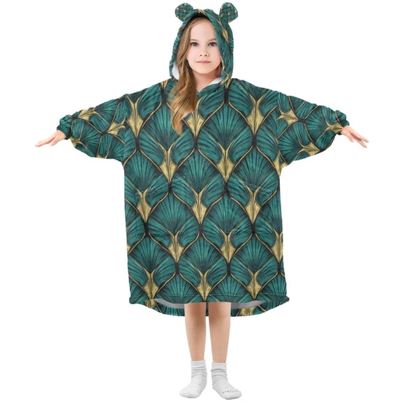 FORMRS Wearable Blanket Hoodie with Sleeves for Kids Cozy Flannel Sweatshirt, Green Abstract Pattern