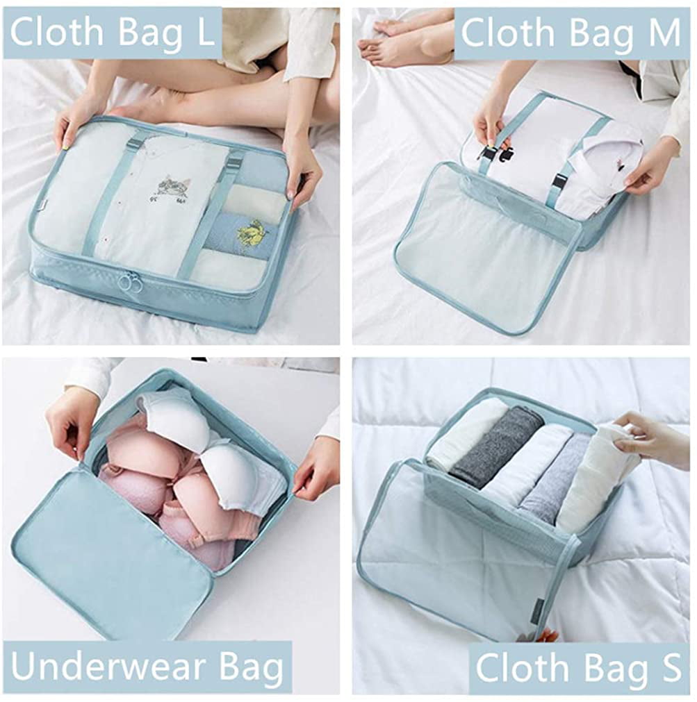 Beschan 6pcs Compression Waterproof Travel Luggage Organizer Packing Cubes Laundry Bag（Blue）
