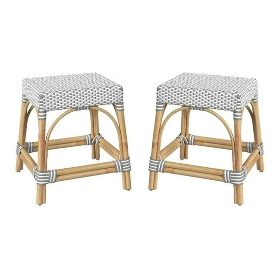 Home Square 18" Rattan Rectangular Dining Stool in Gray & White - Set of 2
