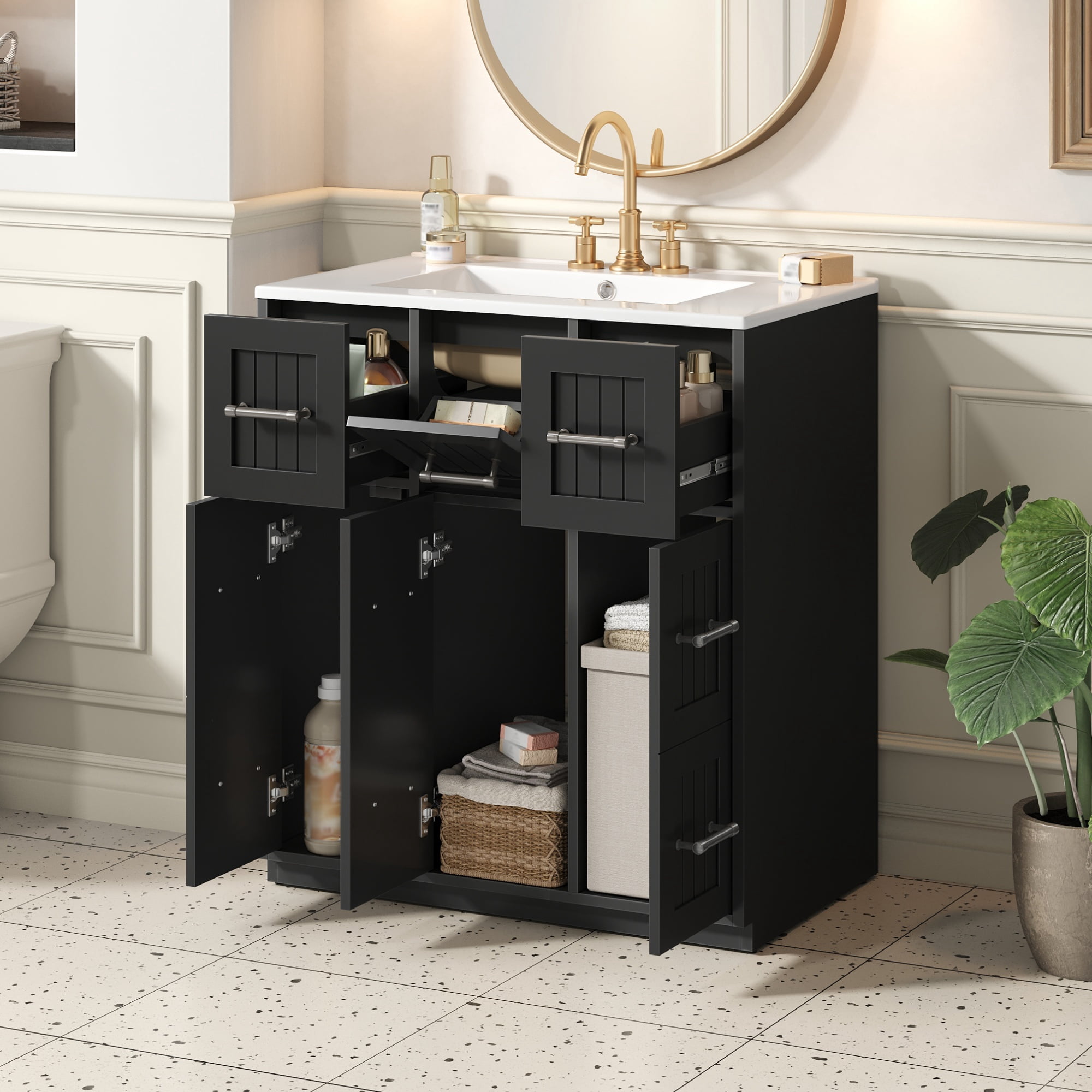 Euroco 30inch Bathroom Vanity with Undermount Sink and Drawers, Painted Surface, Soft-Close Doors, Bathroom Cabinet with Tip-Out Drawer