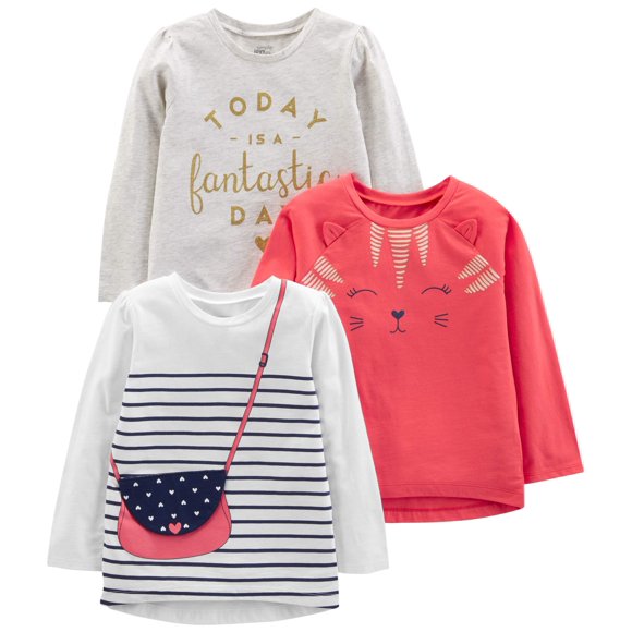 Camiseta Simple Joys by Carter's Girls, paquete de 3, manga larga, 2T
