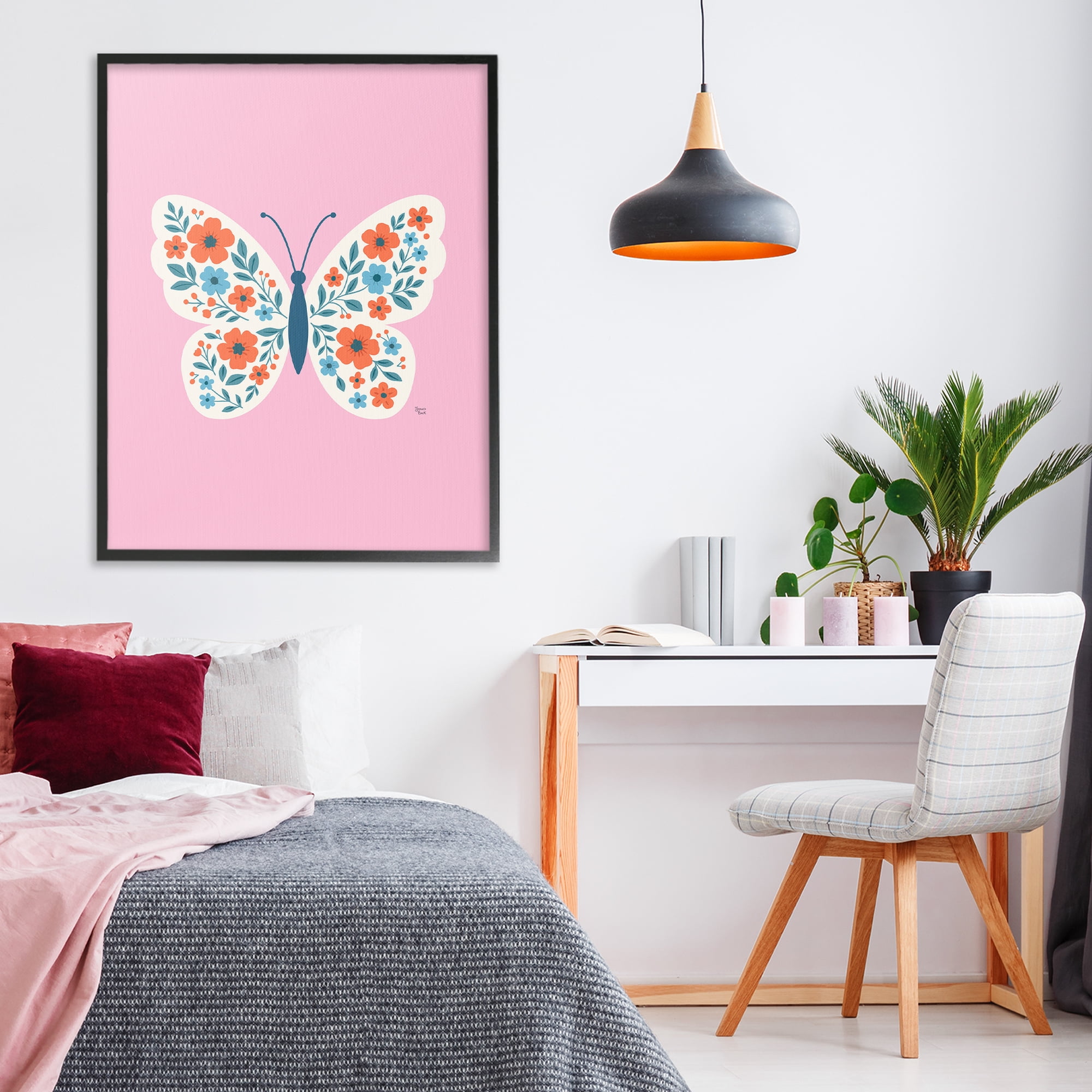 Boho Pink Floral Butterfly Black Framed Giclee Art, design by Jessica Beck