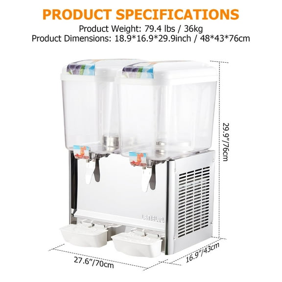 Towallmark Commercial Beverage Dispenser, 2 Tanks, 36L (9.5 Gallon), Thermostat Controlled Stainless Steel