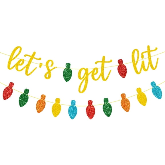 Gold Glittery Let's Get Lit Banner and and Colorful Glittery Christmas Lightbulb Themed Banner Christmas Garland Signs Christmas Holiday Party Supplies for Mantle Fireplace Wall