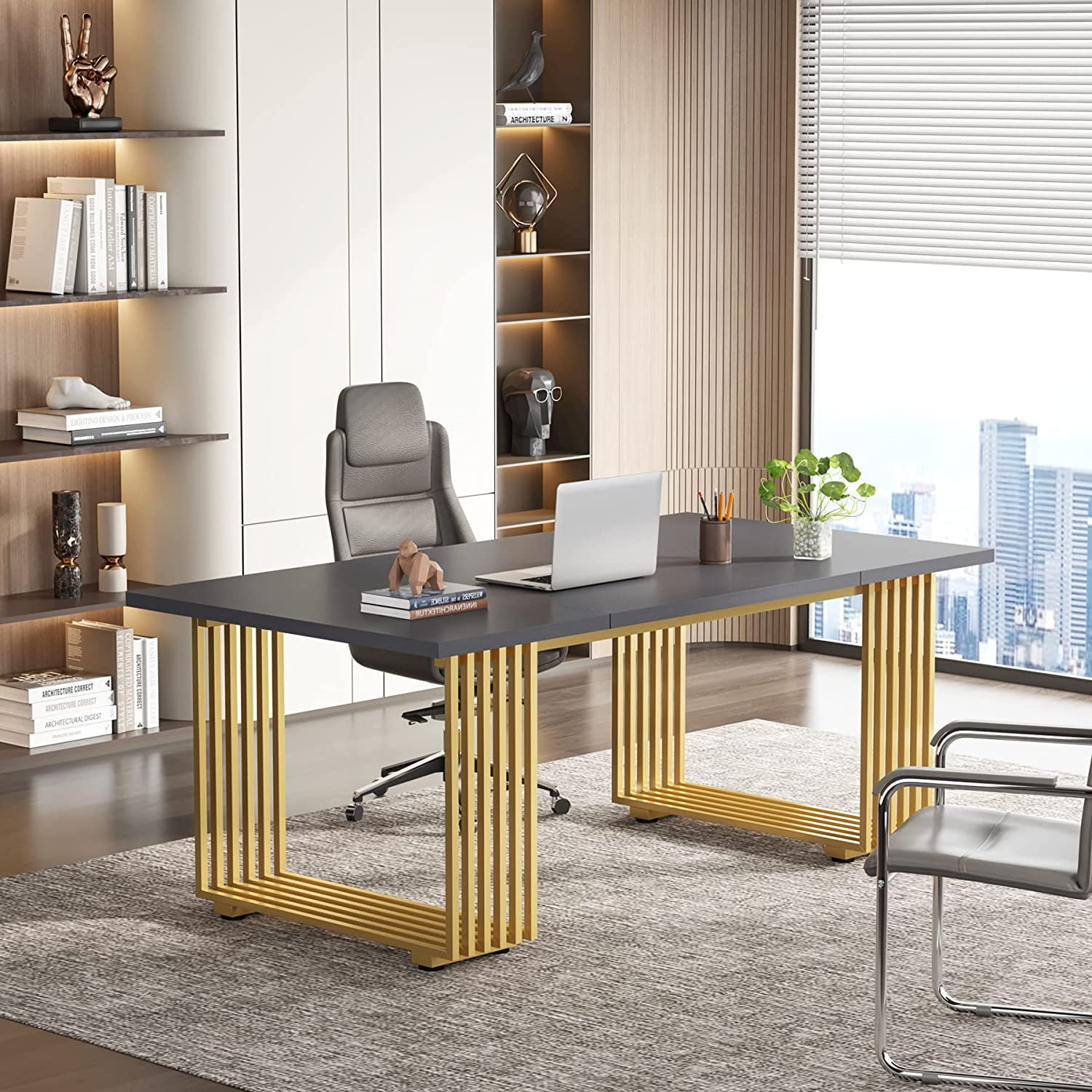Tribesigns White Executive Desk with Gold Metal Legs,70.9 Tribesigns White Executive Desk with Gold Metal Legs,70.9