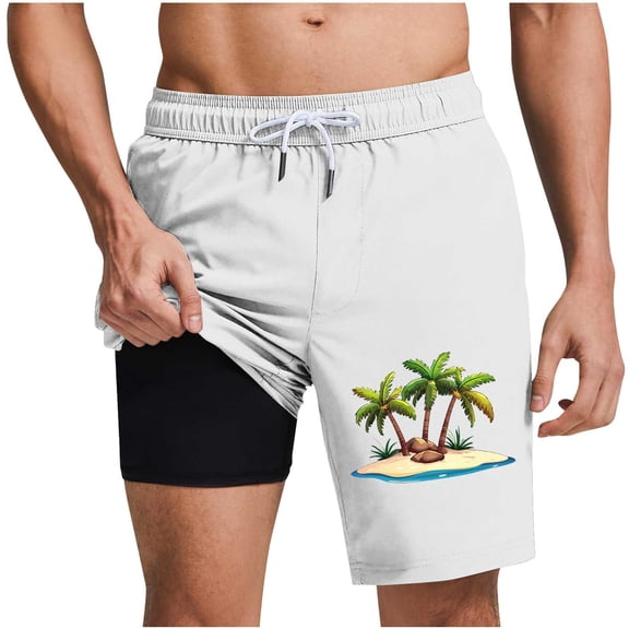 Stamzod Swimming Shorts for Men Quick Dry Swim Trunks with Compression Liner Hawaiian Bathing Suits White L