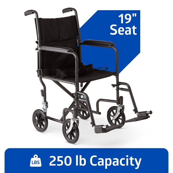 Medline Steel Transport Wheelchair with Permanent Full-Length Arms, Swing-Away Footrest, 250 lb Capacity, Black