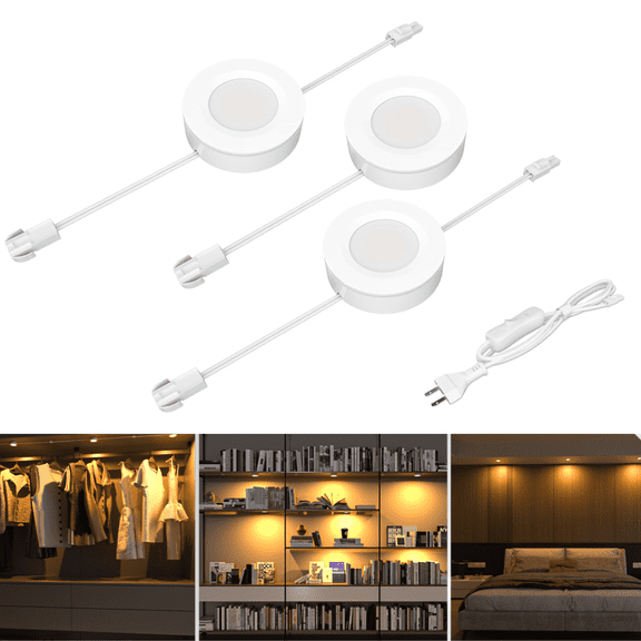 Hardwired LED Puck Lights with Switch - 3 Pack, Linkable Under Cabinet Lighting for Kitchen, Shelf, Bookcase & Pantry, Warm White 3000K, 120V, Recessed or Plug-In Install