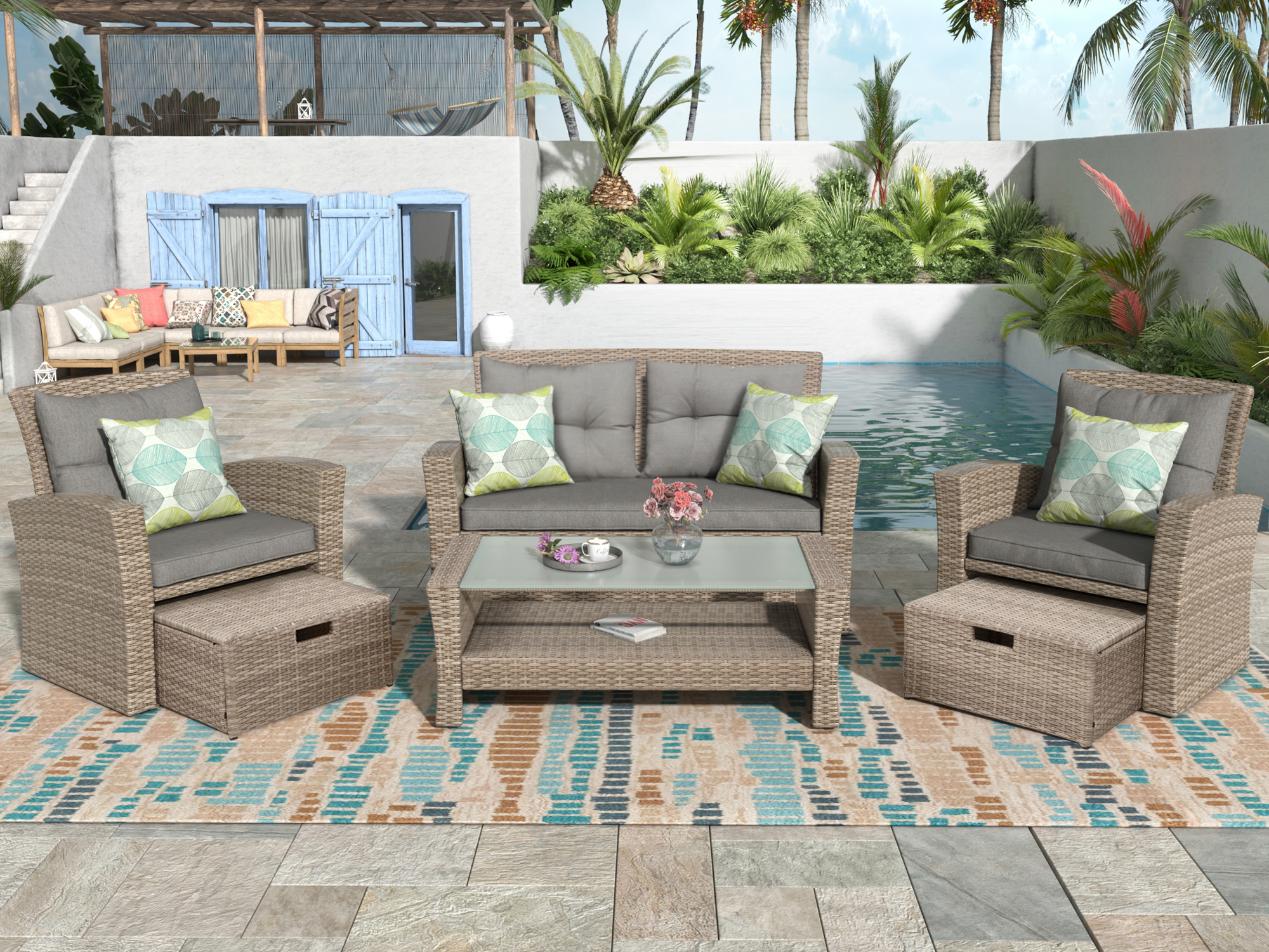 Gray Rattan Patio Sectional Set, SESSLIFE 6-Piece Outdoor Conversation Set with 1 Loveseat, 2 Chairs, 2 Ottomans, 1 Coffee Table, Patio Couches Sets for Porch Garden Balcony - image 2 of 9