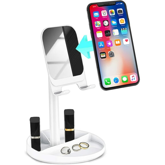 Adjustable Cell Phone Stand for Desk, Universal Tablet Stand Phone Holder Dock with Mirror Compatible with All Mobile Phones, iPhones, Switch, iPad, Tablet (4-10 inches) White
