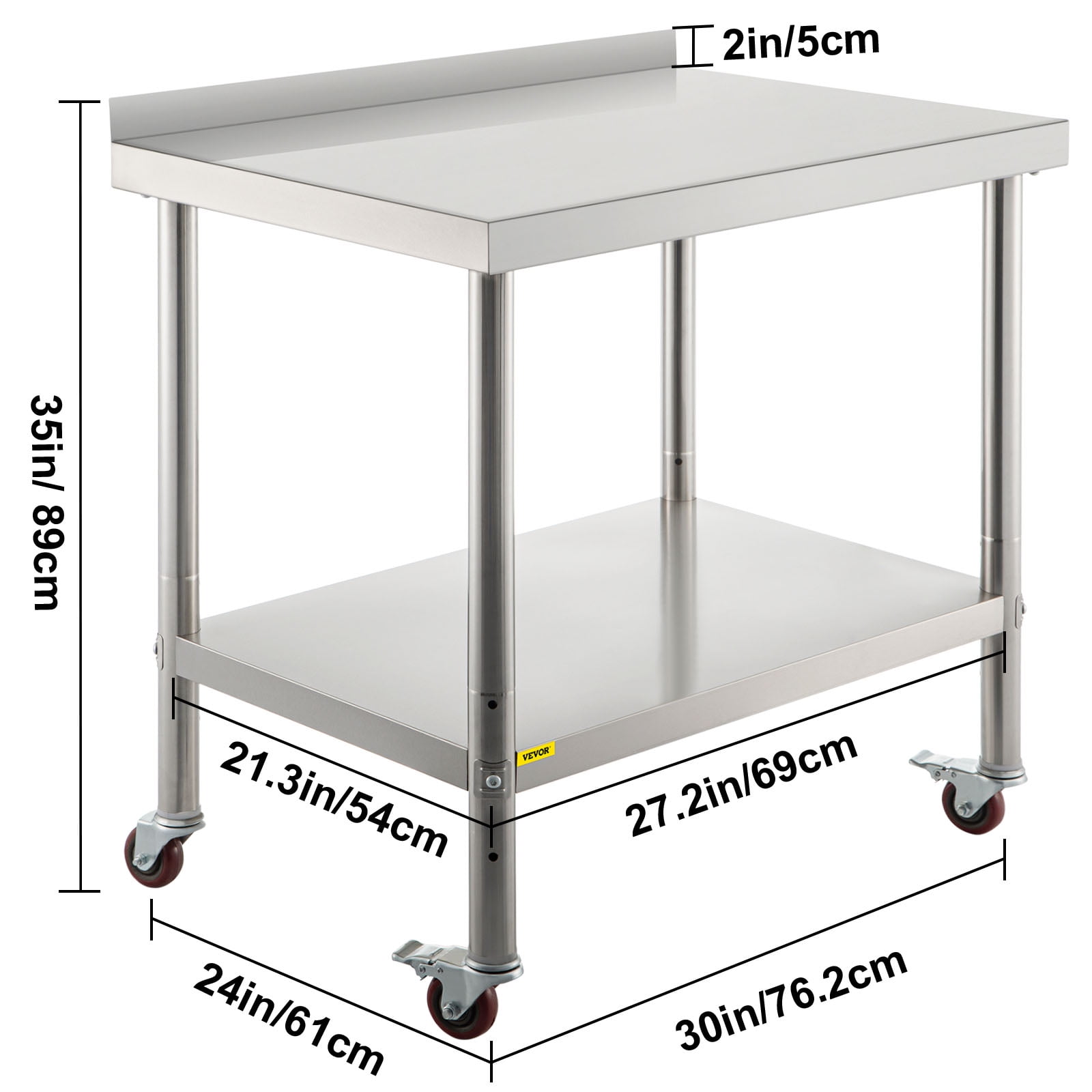 VEVOR Backsplash Adjustable Undershel 4 Casters for Kitchen Restaurant, Prep Table, Stainless Steel, 30 x 24 x 35 Inches