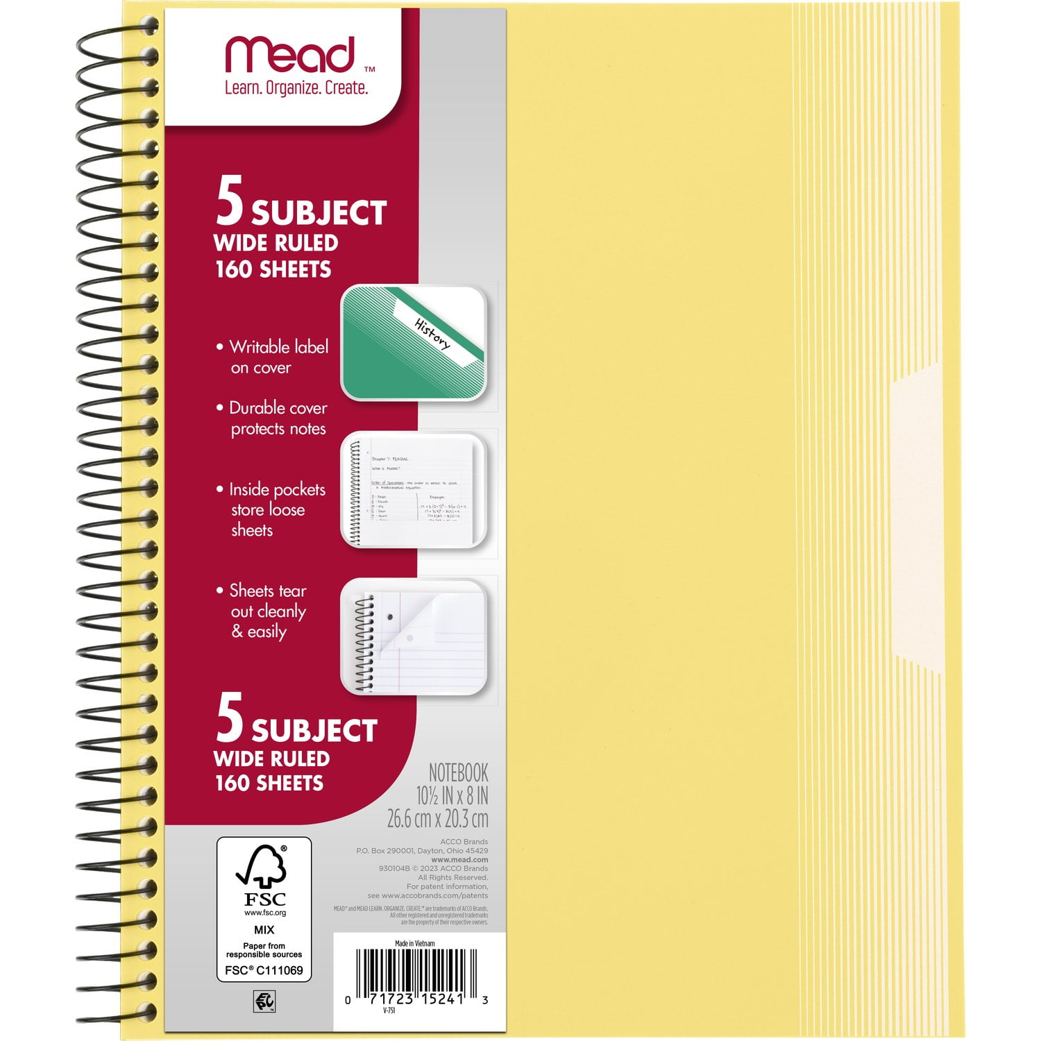 Mead Spiral Notebook, 5 Subject, Wide Ruled, 8 1/2" x 11", Yellow (930104B-WMT)
