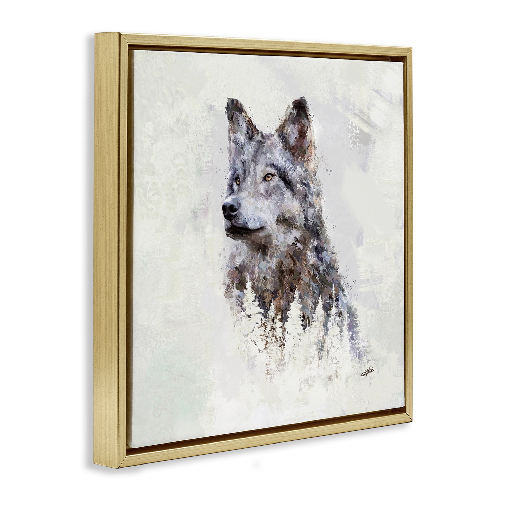 Stupell Industries Rustic Wolf & Trees Animals & Insects Painting Gold Floater Framed Canvas Art Print Wall Art, 18 x 18