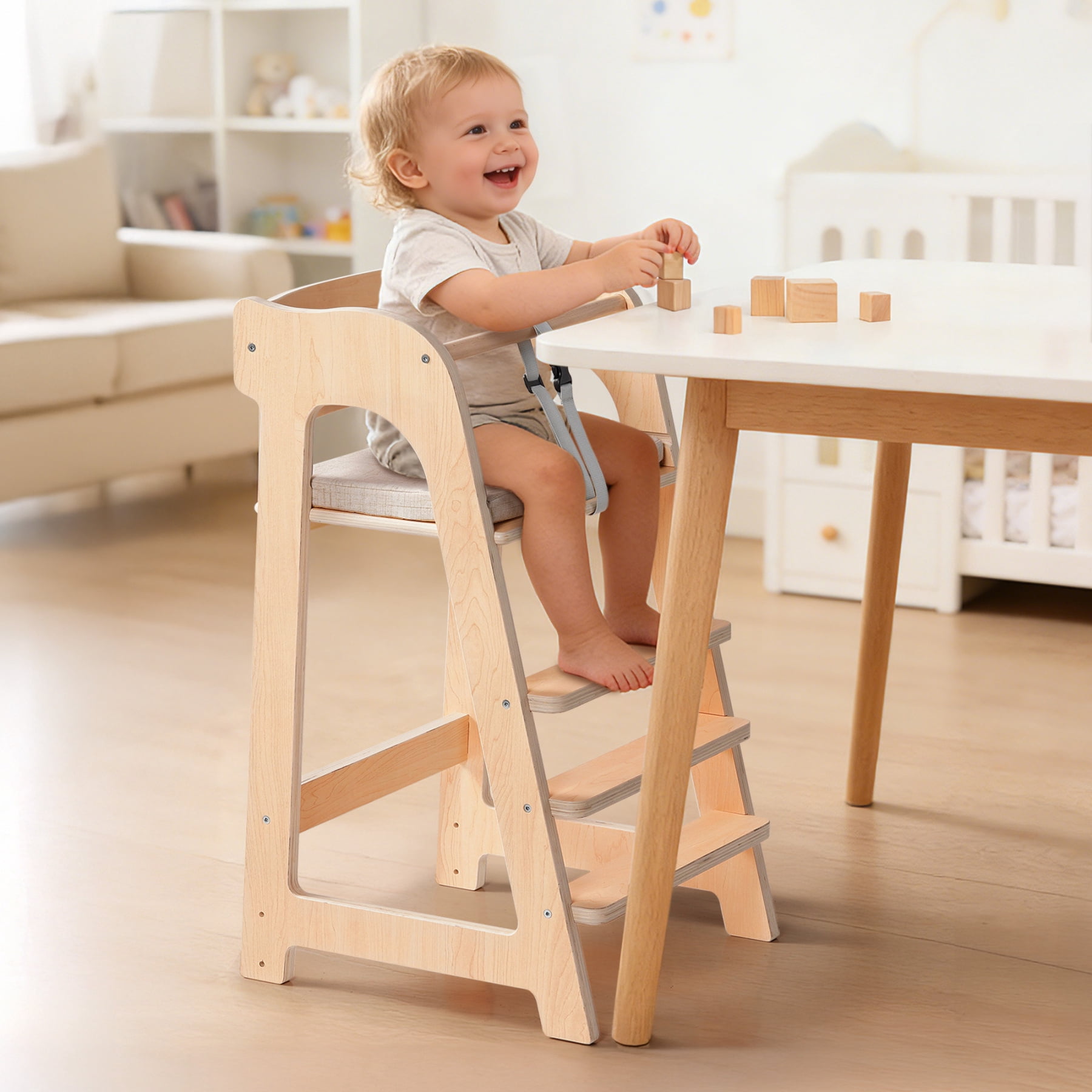 Robud Wooden Adjustable High Chair for Baby & Kids, Multifunctional Toddler Chair with Safety Belt, Convertible to Study Desk Chair, 6 Months to Teen Years, 40kg Capacity