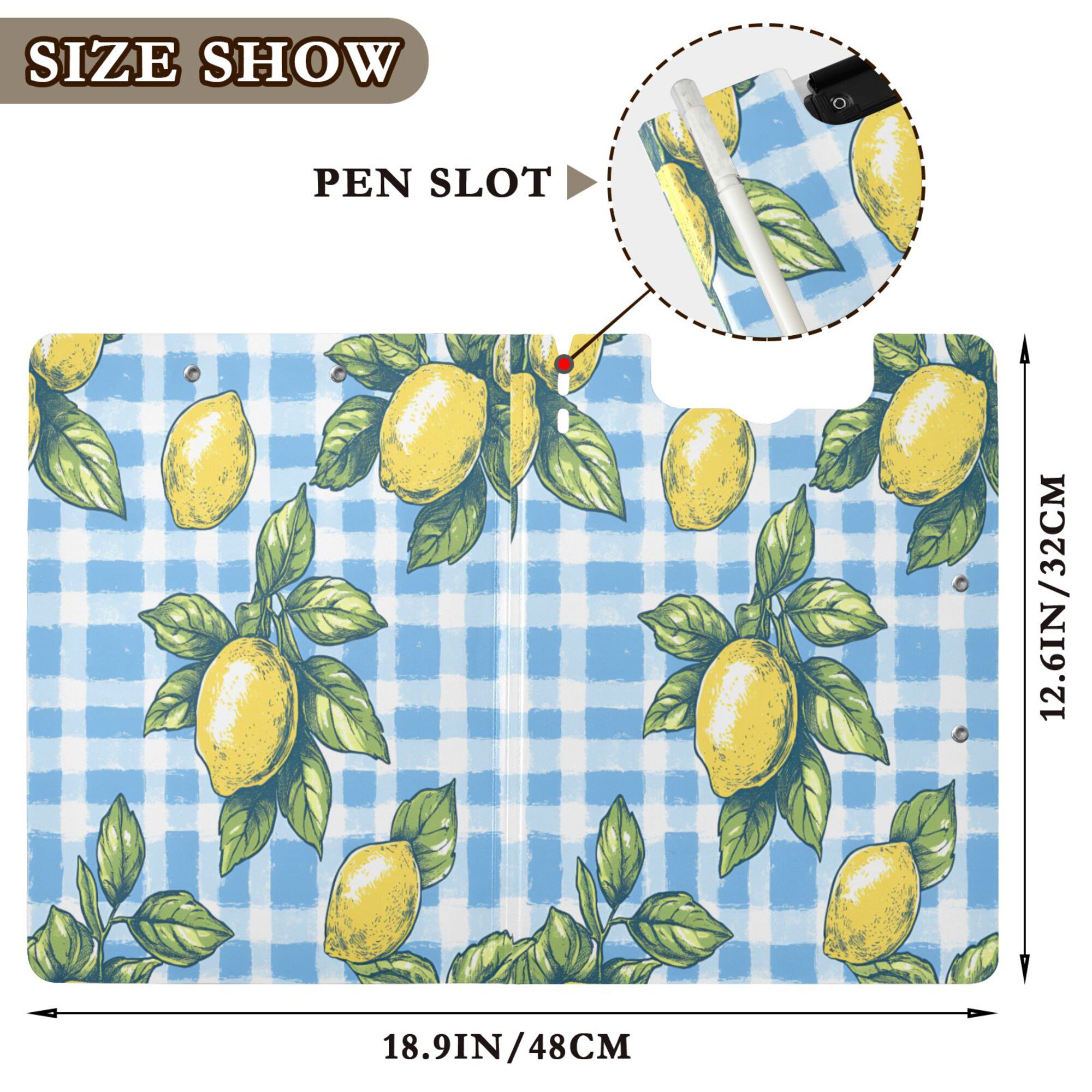 FORMRS A4 Clipboard Folder with Pen Holder Horizontal Foldable School Office Binder, Cartoon Plaid Lemon