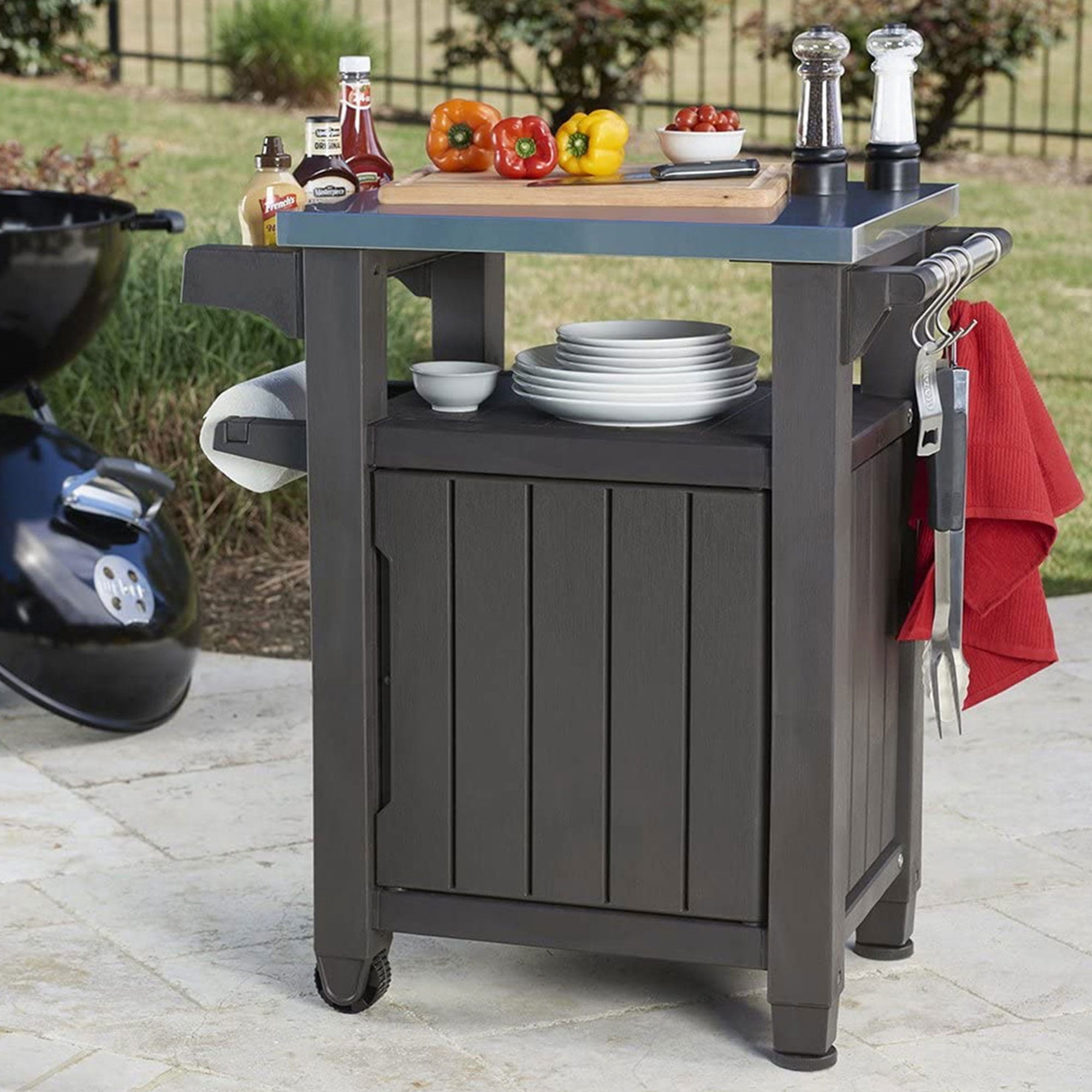 Keter Unity 40 Gallon Patio Storage Grilling Bar Cart, Brown (Set of 2)