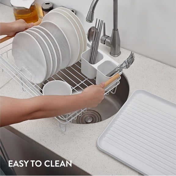 Dish Drainer Rack - Plate, Silverware, Pots and Pans - Dish Rack with Beechwood Handles - Metal Dish Drying Rack for Kitchen Counter - Modern Retro Design Dish Rack - White